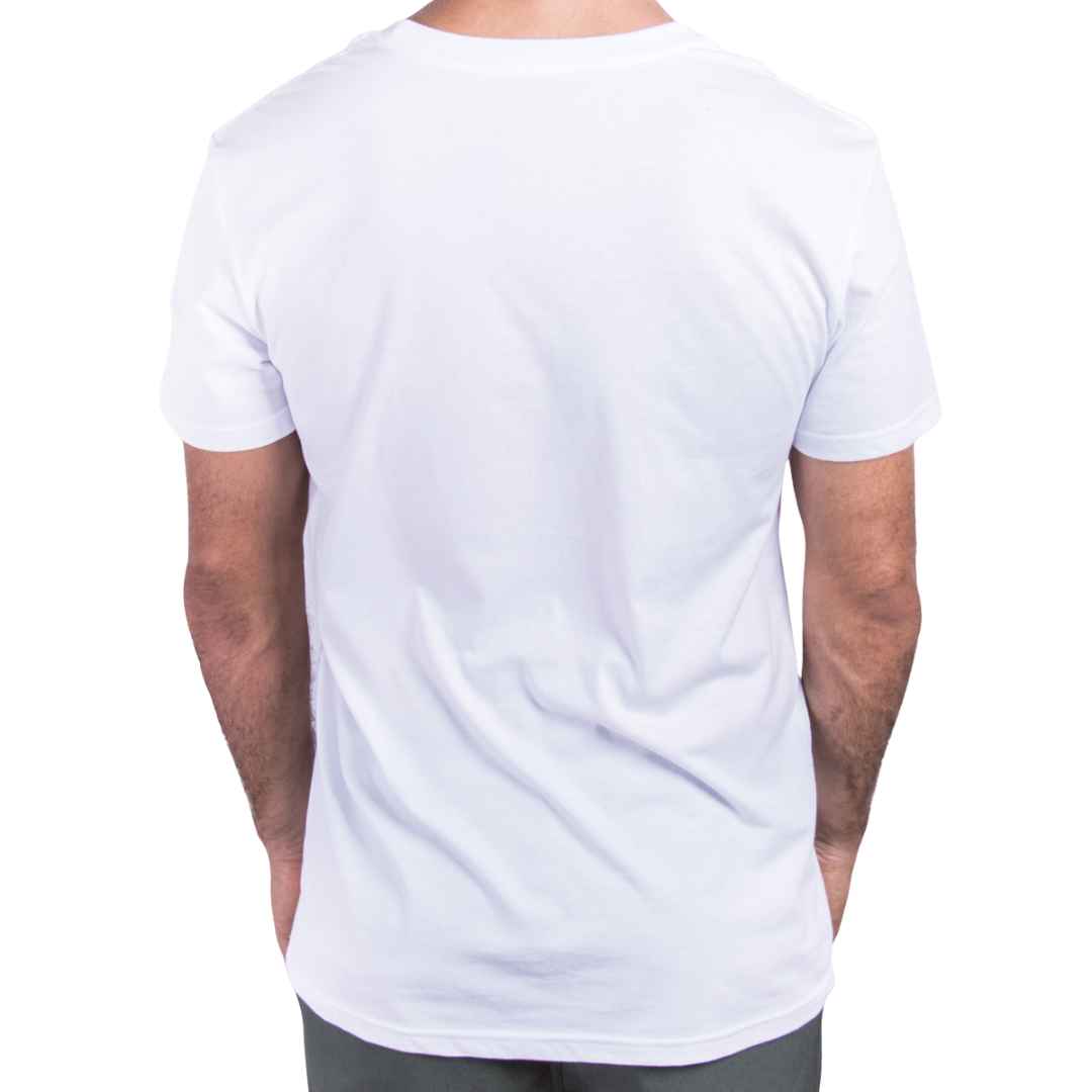 Custom Men’s & Women’s Tall Short Sleeve T-Shirt in White – Back View on White Background, Tall Fit, Premium Organic Cotton | CustomWhiz
